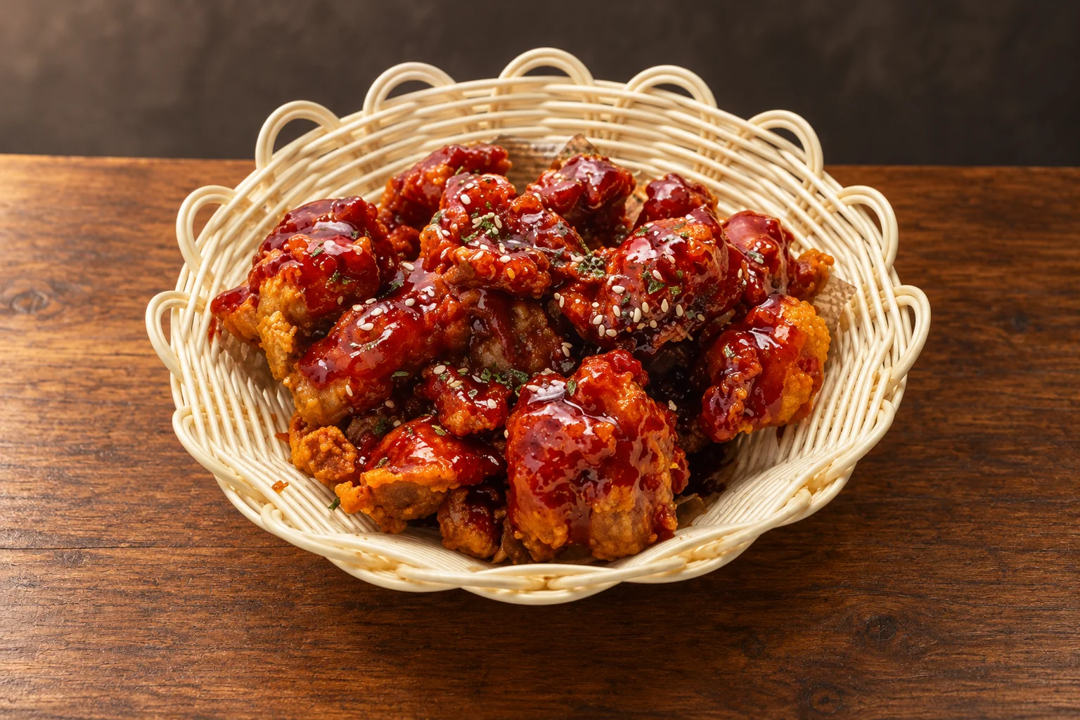 Dakgangjeong in a basket on a wooden table