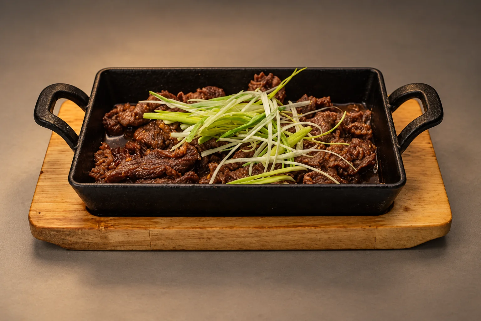 Bulgogi in a black dish on a wooden base