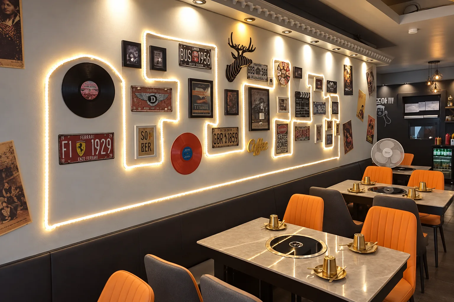 Illuminated wall with records and posters, barbecue tables